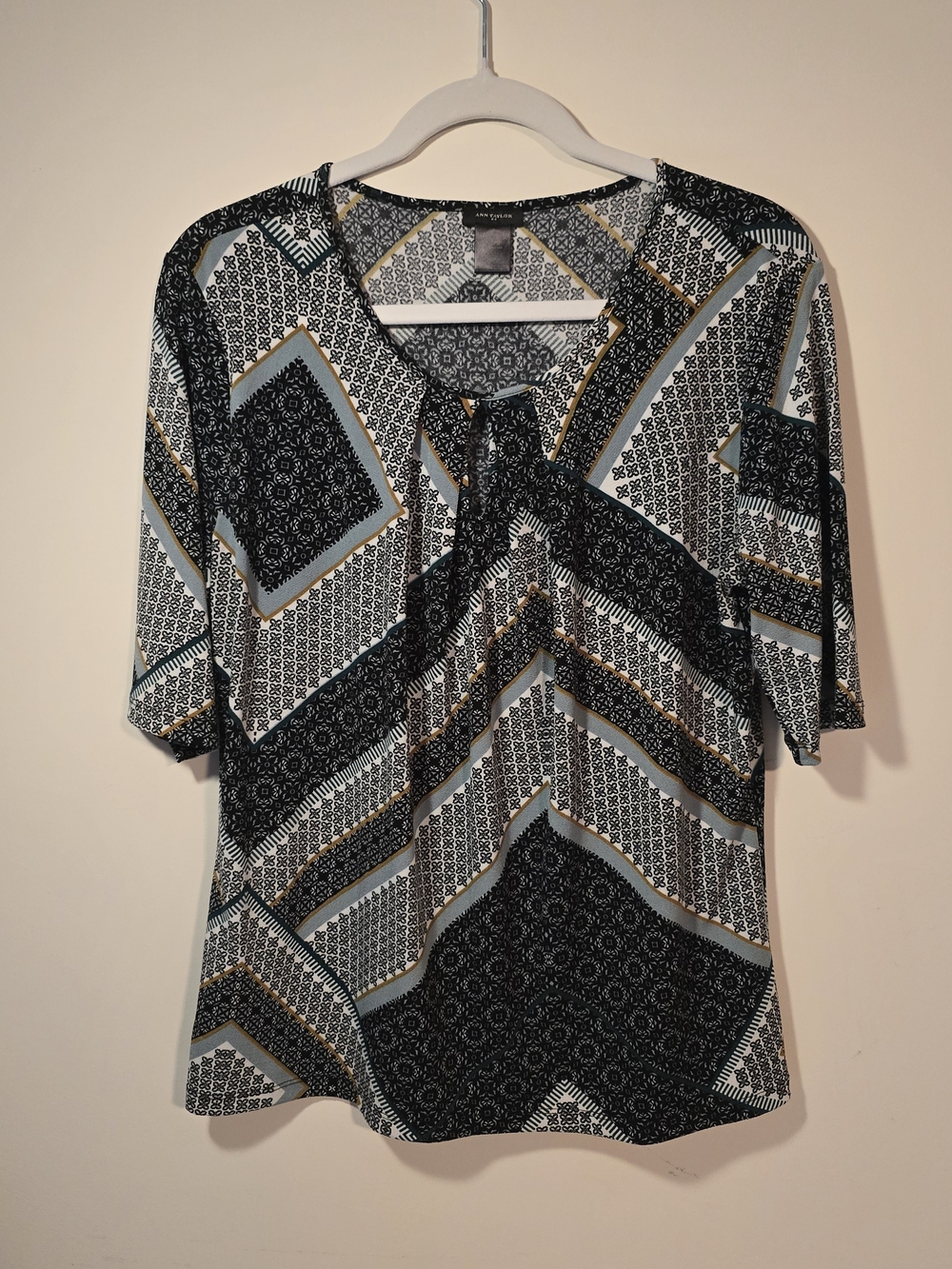 Ann Taylor Black, Cream & Gold Geometric Tie-Neck Blouse